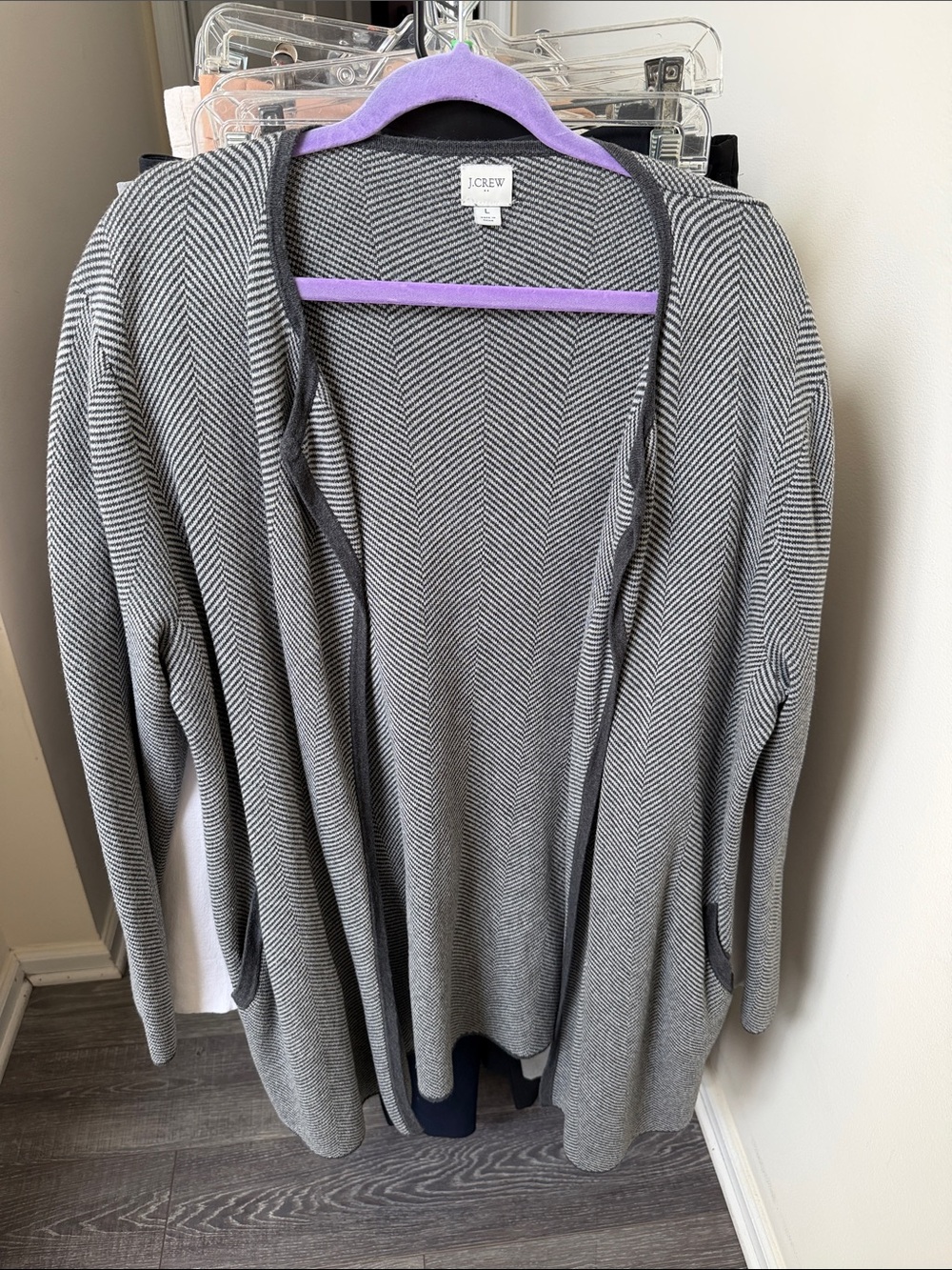 J. Crew Gray Herringbone Open-Front Cardigan